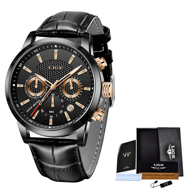 2023 New Mens Watches LIGE Top Brand Leather Chronograph Waterproof Sport Automatic Date Quartz Watch For Men Relogio Masculino