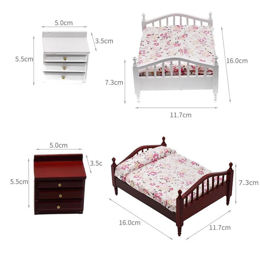 1/12 Dollhouse Miniature Furniture European style Wooden Bed Bedside Table Bedroom Model DIY Accessory