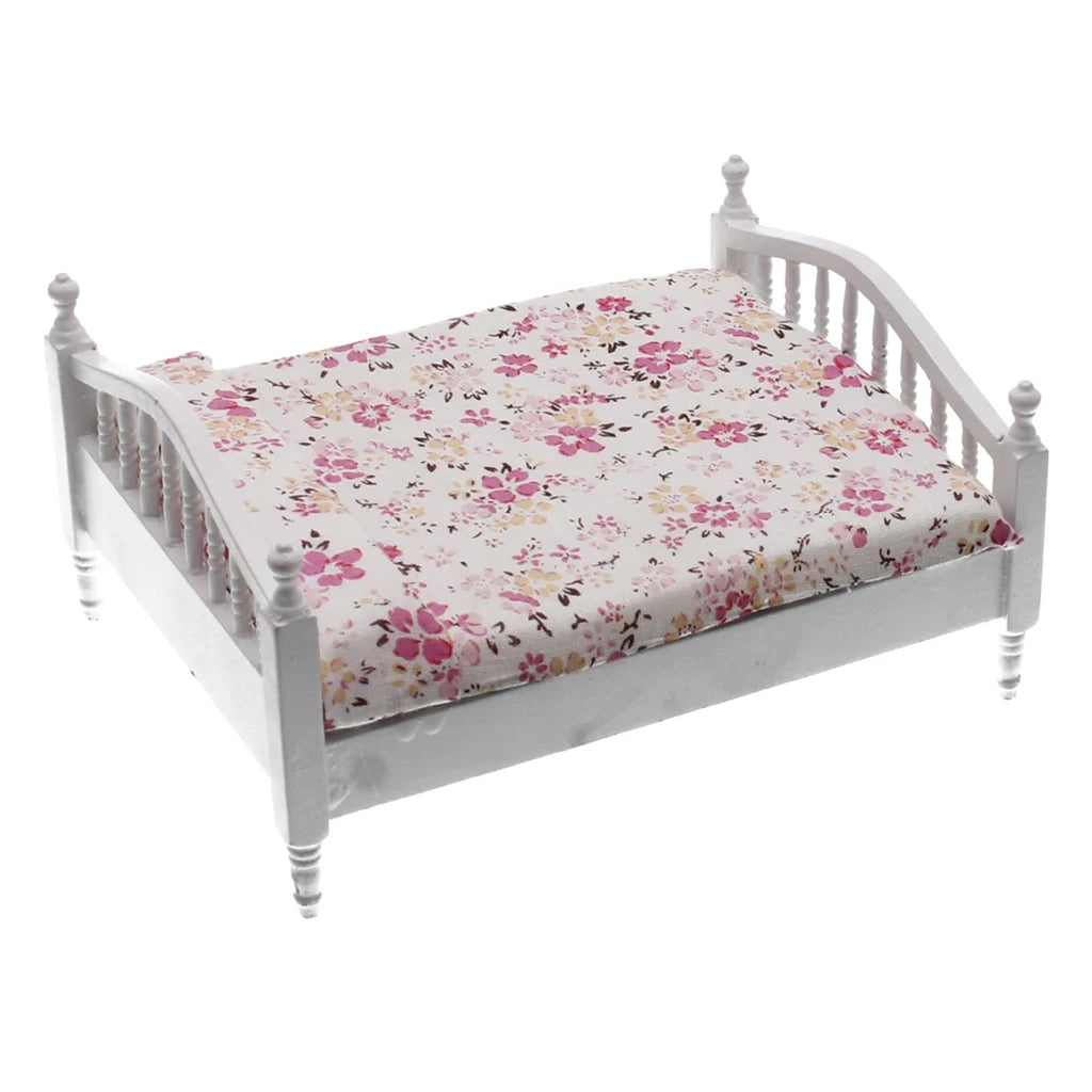1/12 Dollhouse Miniature Furniture European style Wooden Bed Bedside Table Bedroom Model DIY Accessory