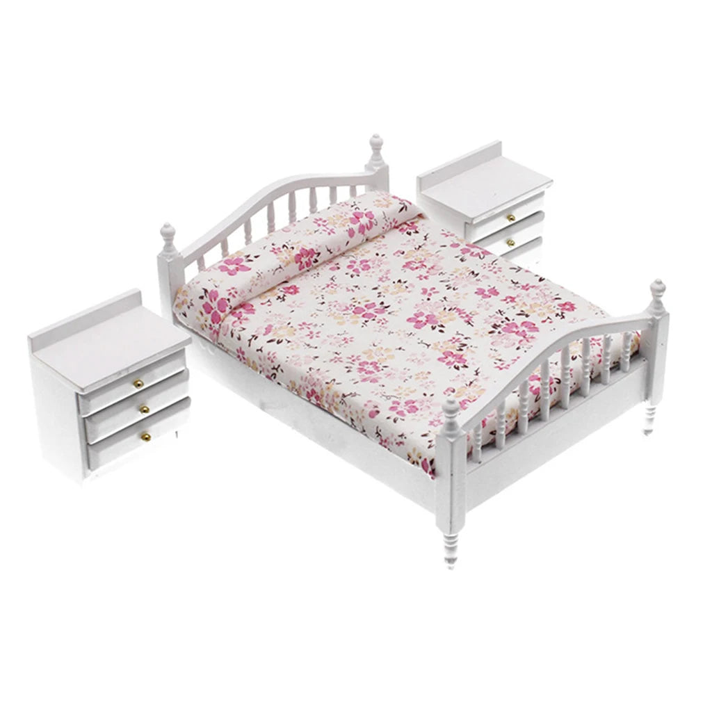 1/12 Dollhouse Miniature Furniture European style Wooden Bed Bedside Table Bedroom Model DIY Accessory