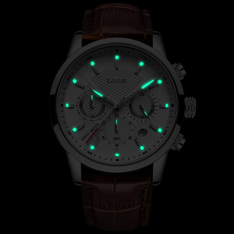 2023 New Mens Watches LIGE Top Brand Leather Chronograph Waterproof Sport Automatic Date Quartz Watch For Men Relogio Masculino