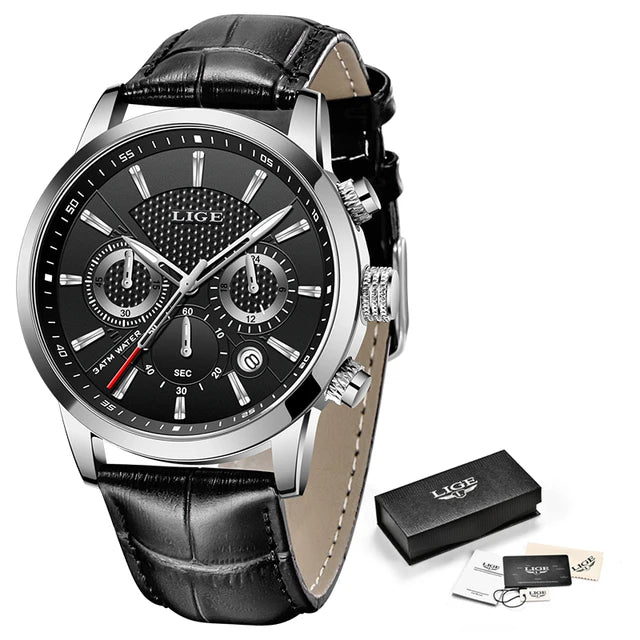 2023 New Mens Watches LIGE Top Brand Leather Chronograph Waterproof Sport Automatic Date Quartz Watch For Men Relogio Masculino