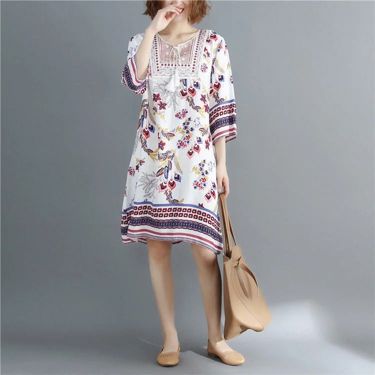 Women's Clothing Women Indian Dress Ready Stock Summer Vintage Causal Korean Style Beach Embroidery Tassel Floral Print Vestidos