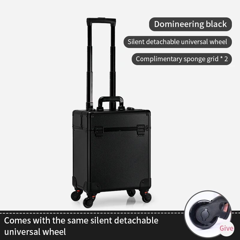 Rolling Makeup Train Case Large Capacity Cosmetic Trolley, Aluminum Professional Salon Travel Case with Key Swivel Wheels Travel