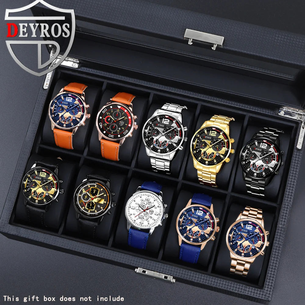 10pcs/set, Men Watch Sets, Casual Mens Watches Analog PU Leather Man Quartz Wristwatch Sets, Multi-color Matching