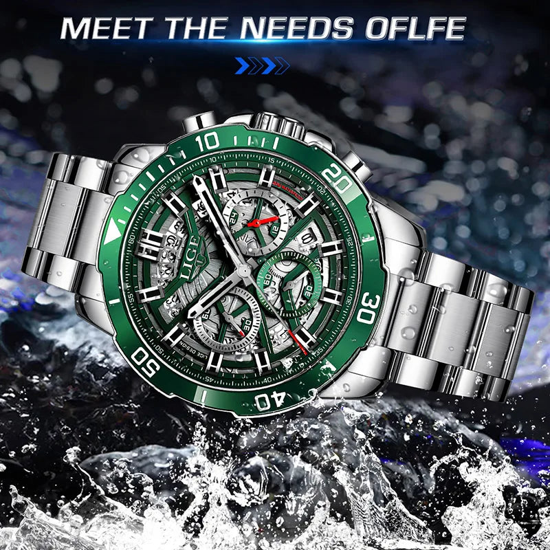LIGE Mens Watches Top Brand Big Sport Watch Luxury Men Military Steel Quartz Wrist Watches Chronograph Hollow Design Male Clock
