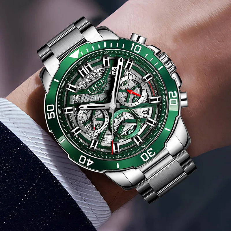 LIGE Mens Watches Top Brand Big Sport Watch Luxury Men Military Steel Quartz Wrist Watches Chronograph Hollow Design Male Clock