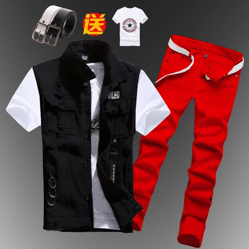 New Men Sets Mens Boys Casual Denim Vest Sleeveless Waistcoat Summer Jeans Pants Trousers Slim Fit 2pcs Set Men Clothing