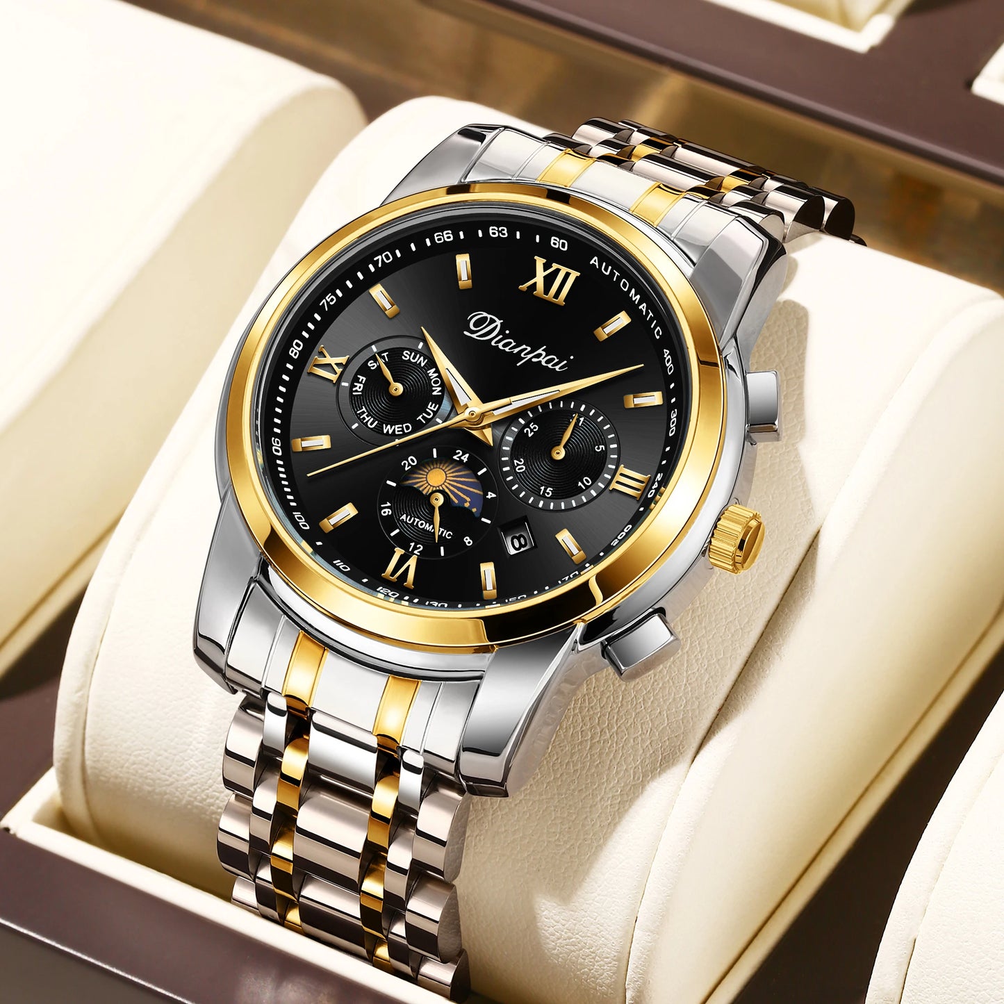 Men's elegant automatic mechanical watch with 24-hour date and week display, transparent back, 30 meter waterproof zinc alloy ca