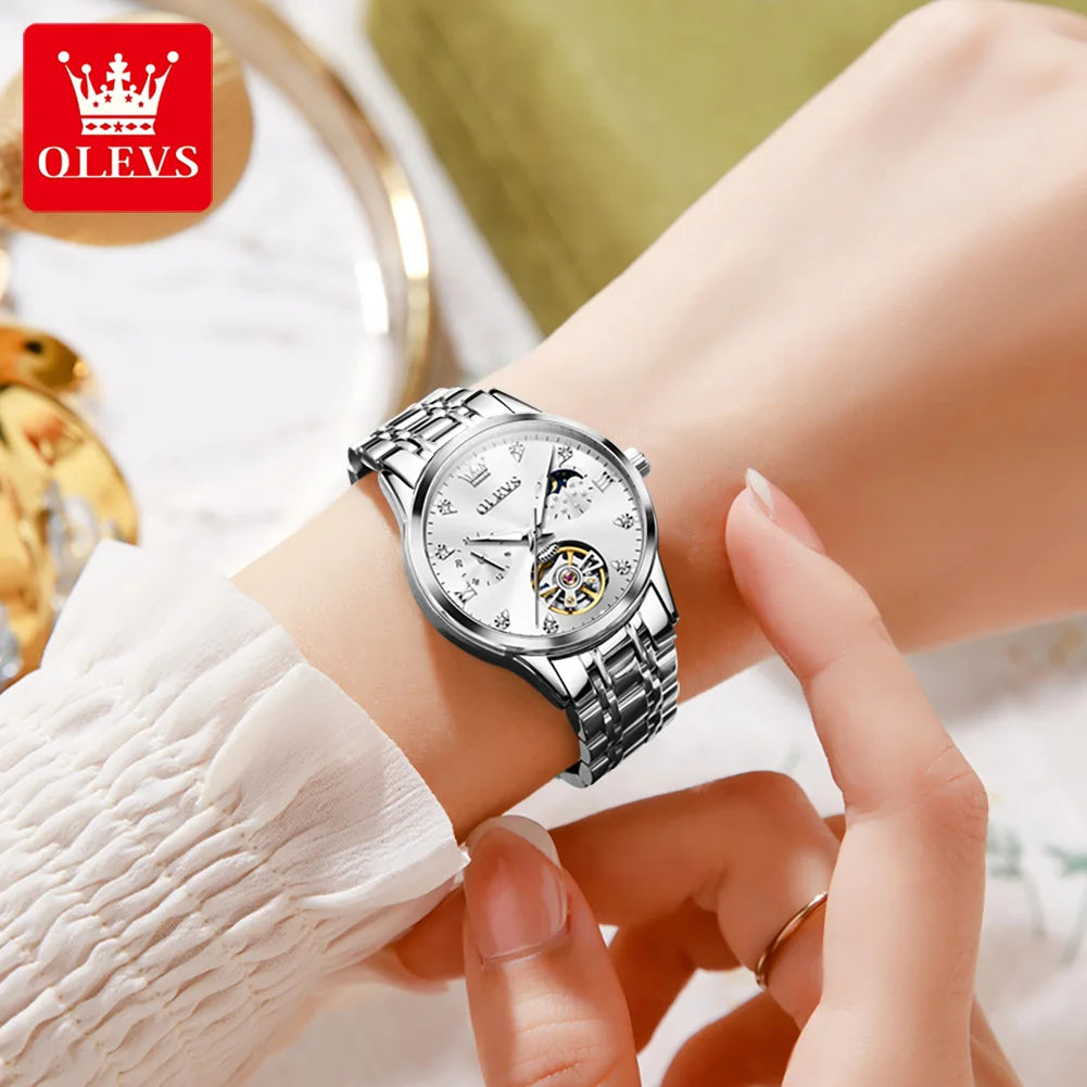 OLEVS 6608 Top Brand Women's Watches Elegant Fashion Hollow Out Automatic Mechanical Watch for Lady Waterproof Stainless Steel