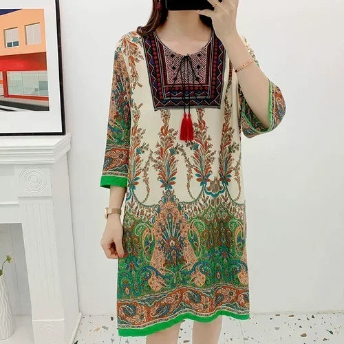 Women's Clothing Women Indian Dress Ready Stock Summer Vintage Causal Korean Style Beach Embroidery Tassel Floral Print Vestidos