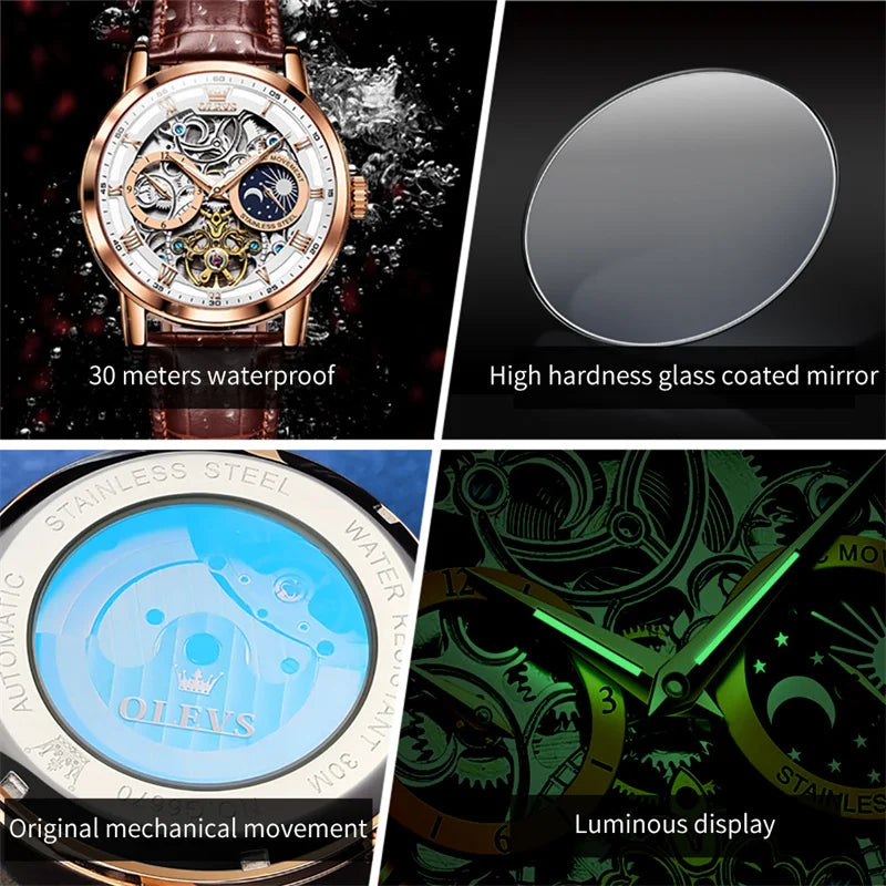 Watches Mens OLEVS Top Brand Luxury Casual Leather Tourbillon Mechanical Men's Watch Skeleton Automatic Clock Male Waterproof