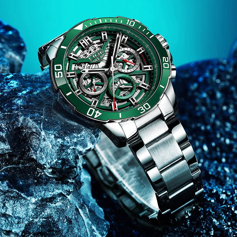 LIGE Mens Watches Top Brand Big Sport Watch Luxury Men Military Steel Quartz Wrist Watches Chronograph Hollow Design Male Clock
