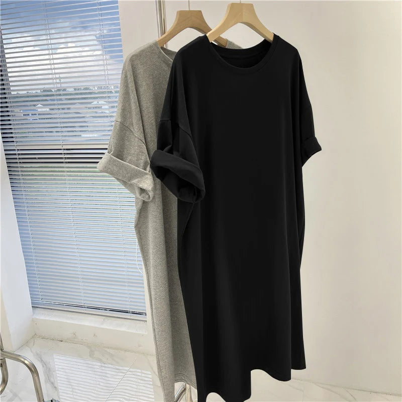 Women Clothing Solid Dress Short Sleeve Casual Loose Pullover Tunic Summer Comfortable Simple Straight Dresses