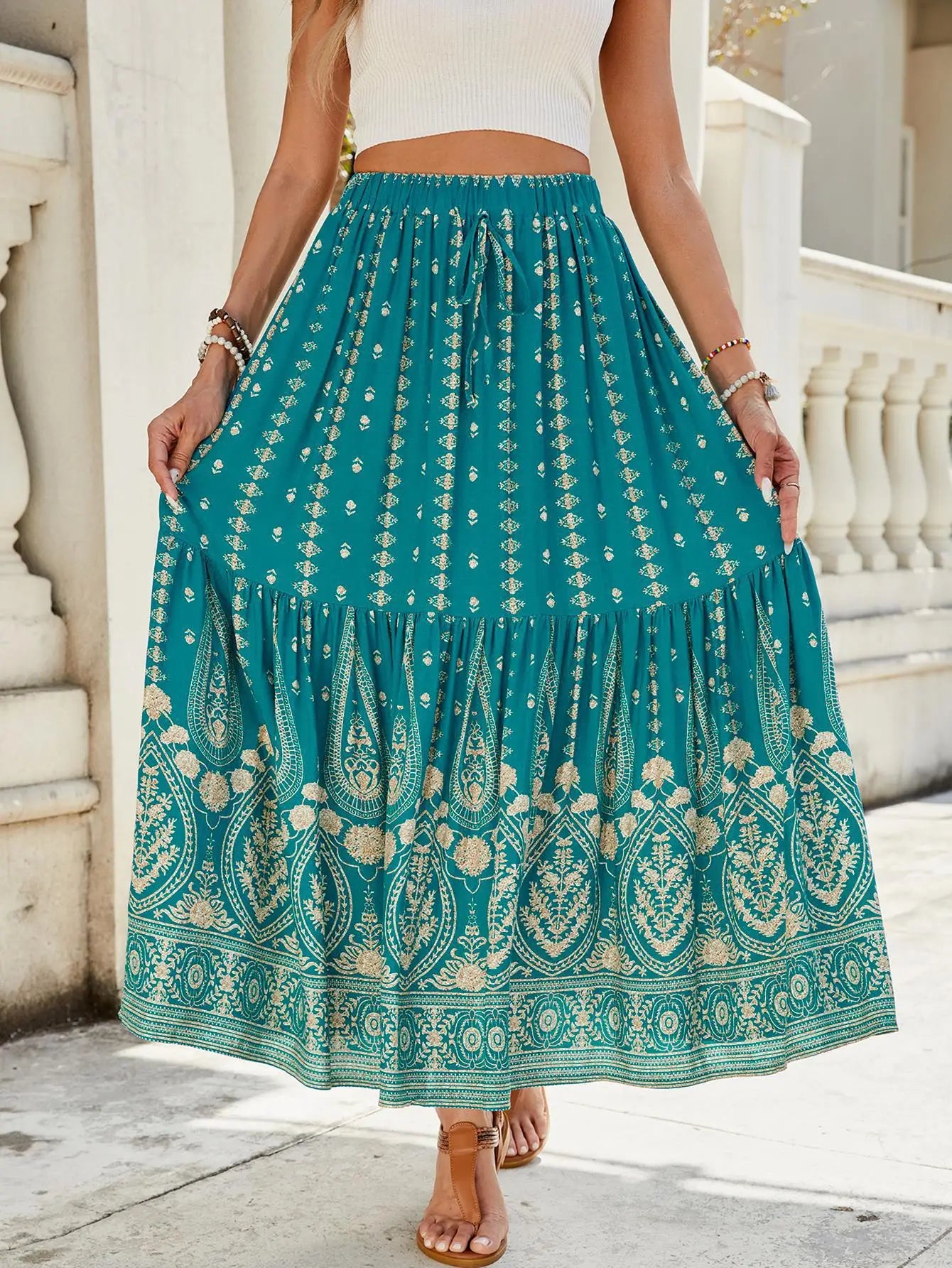 Women's Clothing 2025 Spring and Summer Cotton Printed Splicing Skirt Beach Vacation Big Beach Skirt