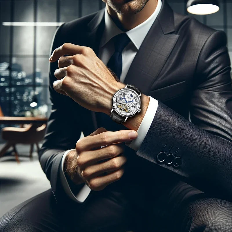 The new men's mechanical watch features a stylish, innovative, classic, and simple design, with a dual sided luminous moon phase