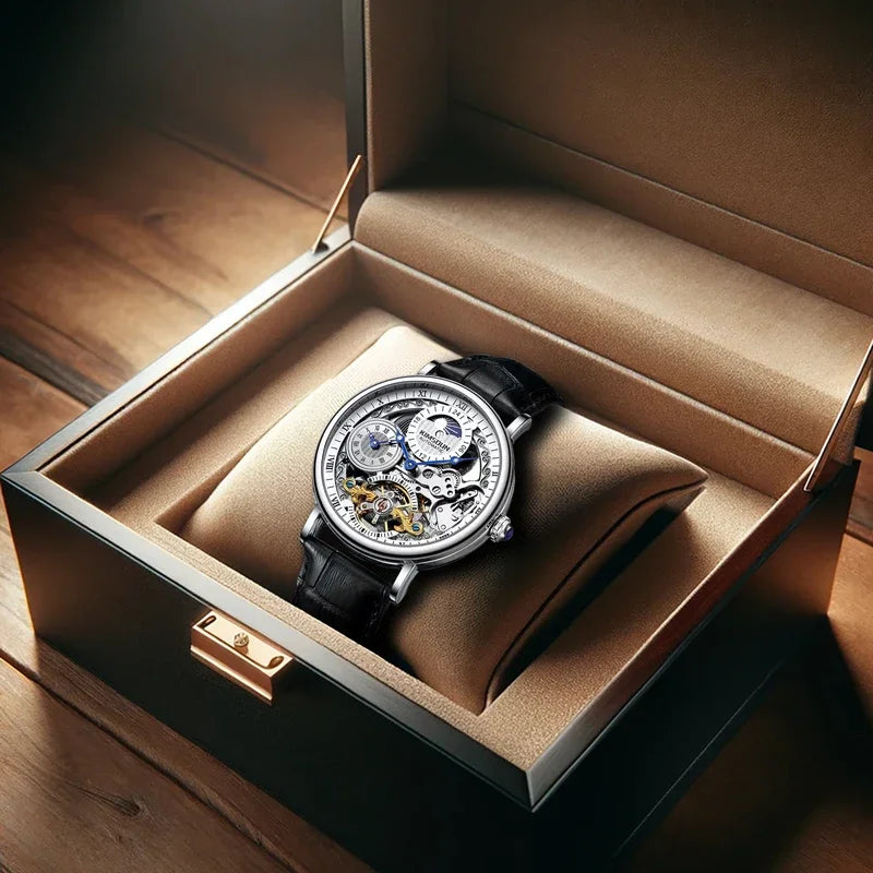 The new men's mechanical watch features a stylish, innovative, classic, and simple design, with a dual sided luminous moon phase