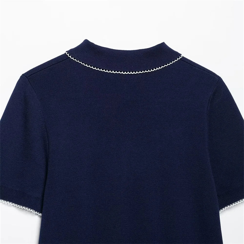 2025 new women's clothing European and American style casual fashion temperament versatile lapel knitted short sleeved top