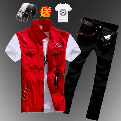 New Men Sets Mens Boys Casual Denim Vest Sleeveless Waistcoat Summer Jeans Pants Trousers Slim Fit 2pcs Set Men Clothing