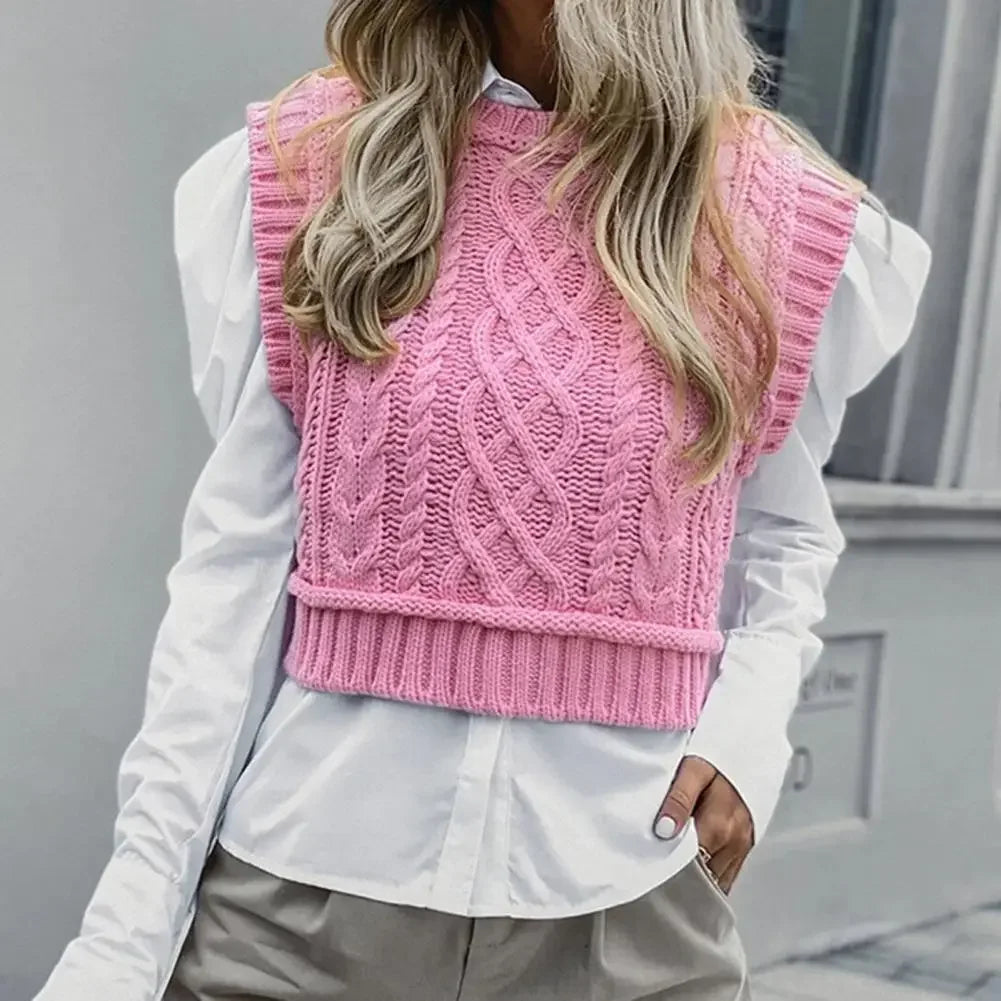 Women's Clothing Chic O Neck Pink Knitted Vest All Match Streetwear Short Sleeveless Pullover Knitted Waistcoat