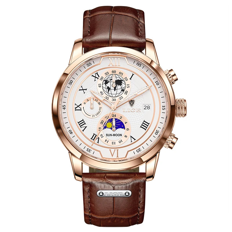 2025 New Mens Watches LIGE Top Brand Leather Chronograph Waterproof Sport Automatic Date Quartz Watch For Men Relogio Masculino