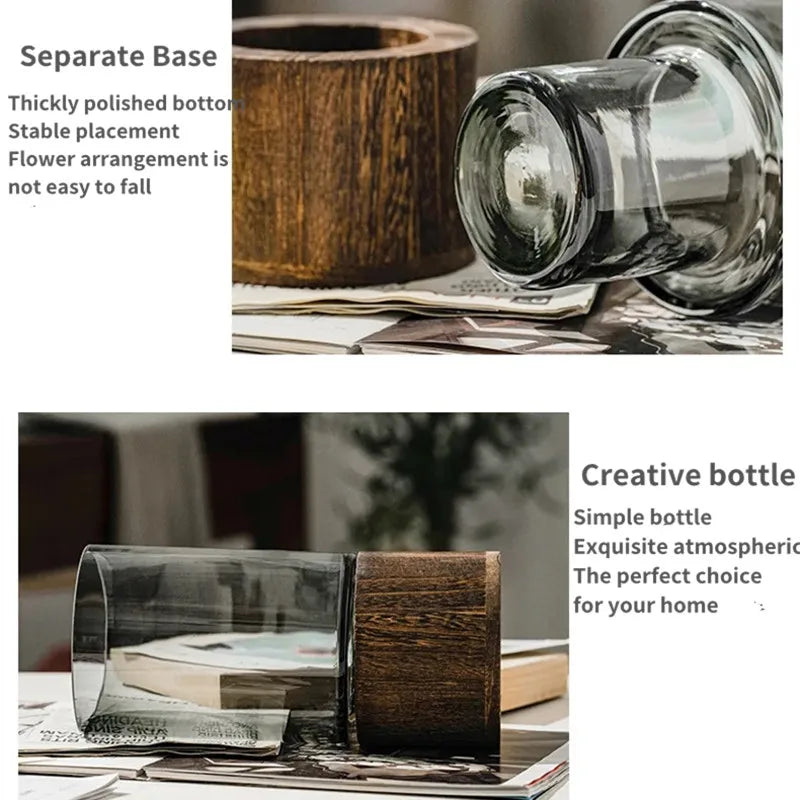 Vases Simple European hydroponic plant household living room table inserted flower wood base transparent glass vase Home Decor