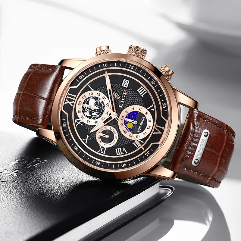 2025 New Mens Watches LIGE Top Brand Leather Chronograph Waterproof Sport Automatic Date Quartz Watch For Men Relogio Masculino