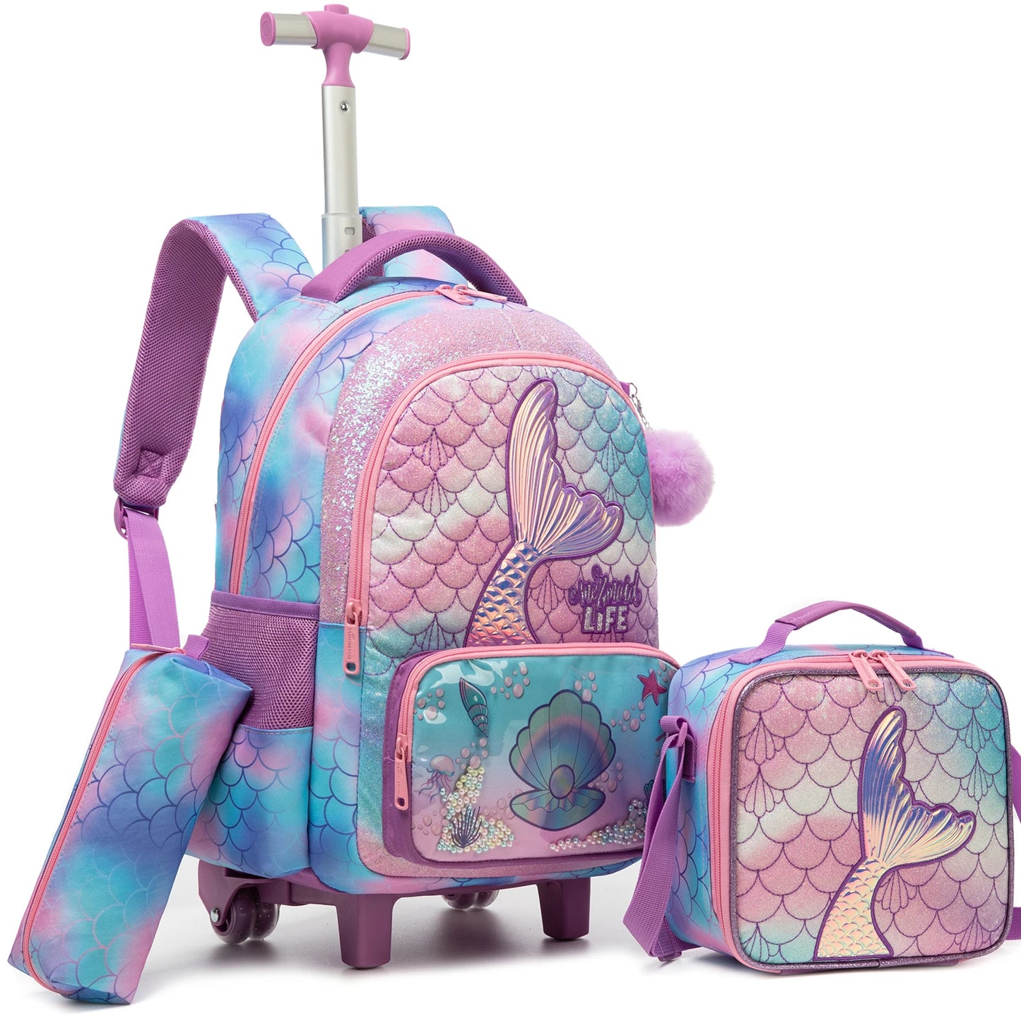 Girls Cute Rolling Backpack with Wheels 3pcs Set Roller Backpacks for Girls with Lunch Bag Wheeled Bookbag