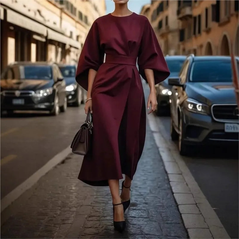 2025 Women's Clothing Fashion Black Dress Temperament Elegant Casual Waist-closing Maxi Bat Sleeve Dresses For Women Robe Femel