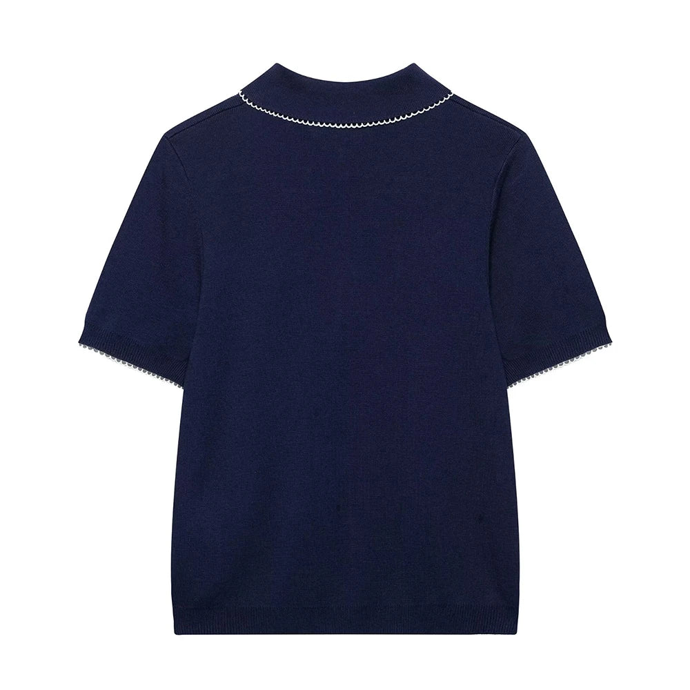 2025 new women's clothing European and American style casual fashion temperament versatile lapel knitted short sleeved top