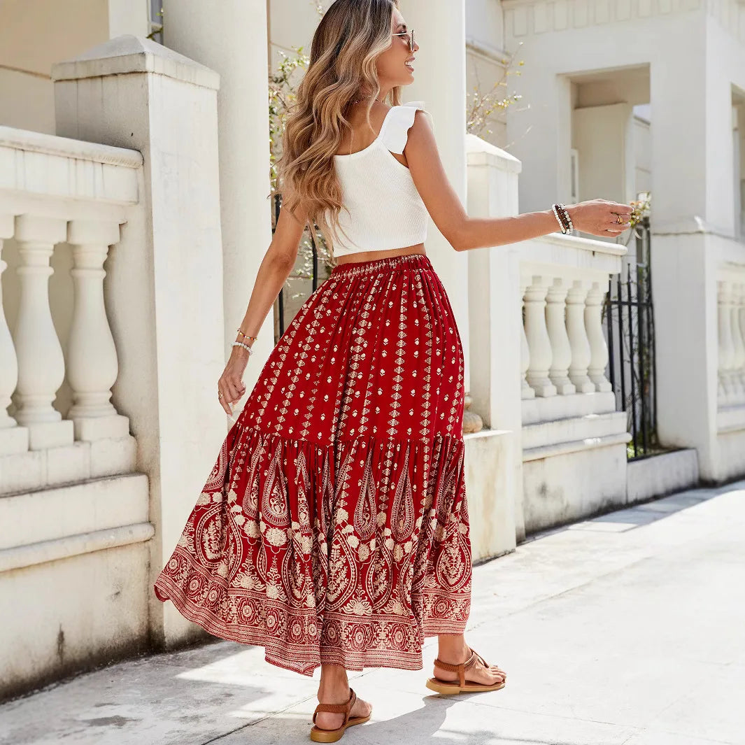 Women's Clothing 2025 Spring and Summer Cotton Printed Splicing Skirt Beach Vacation Big Beach Skirt