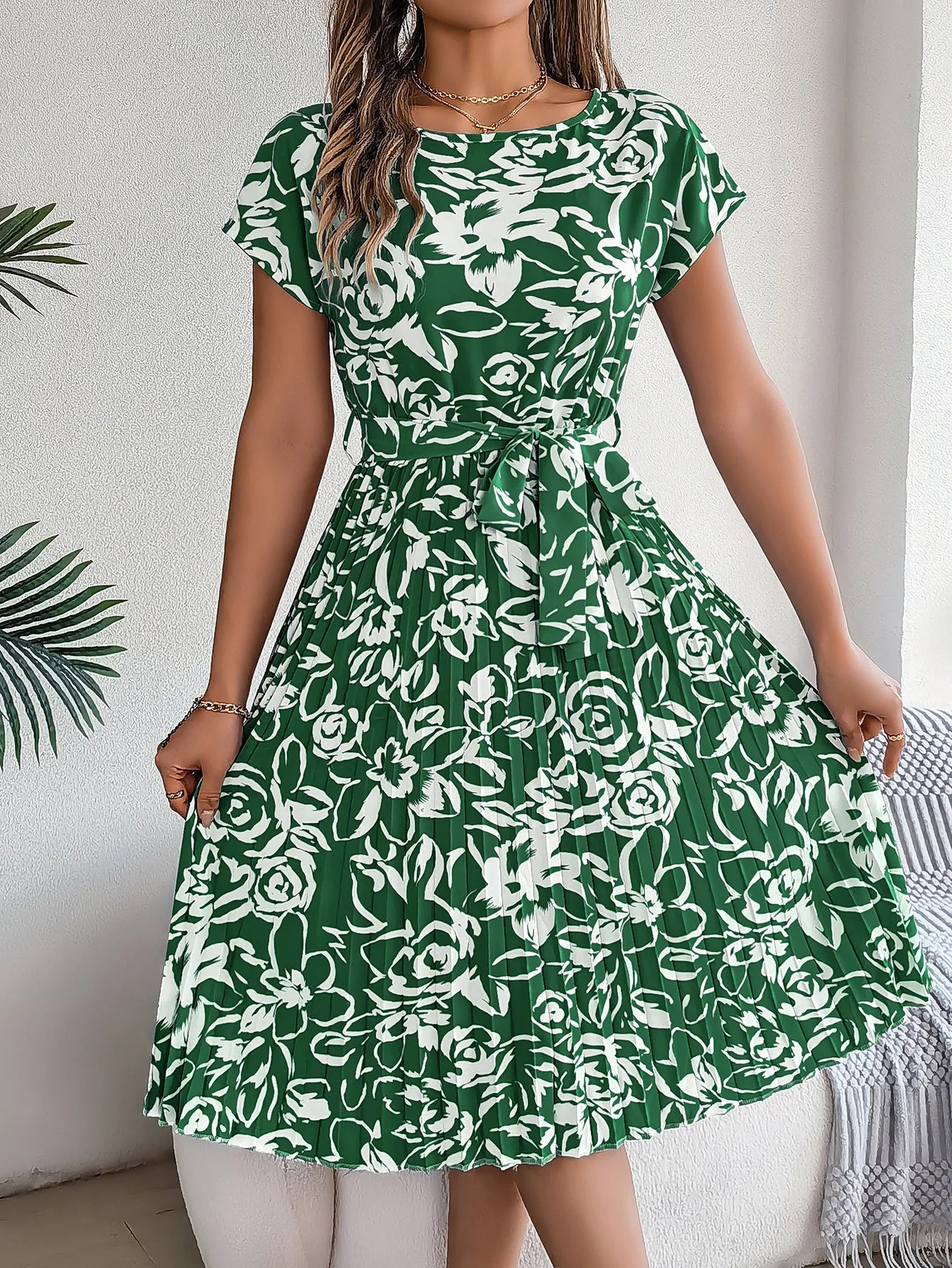 Women's Clothing 2025 Summer New Casual Short-sleeved Floral Strap Dress Pleated Skirt Fashion O Neck Casual Dresses Robe Femme