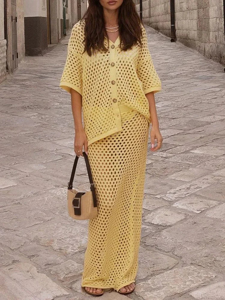 Women's Clothing New Summer Casual Dress Sets Fashionable Mesh Fishnet Beach Knit Blouse Long Skirt Matching Sets for Women