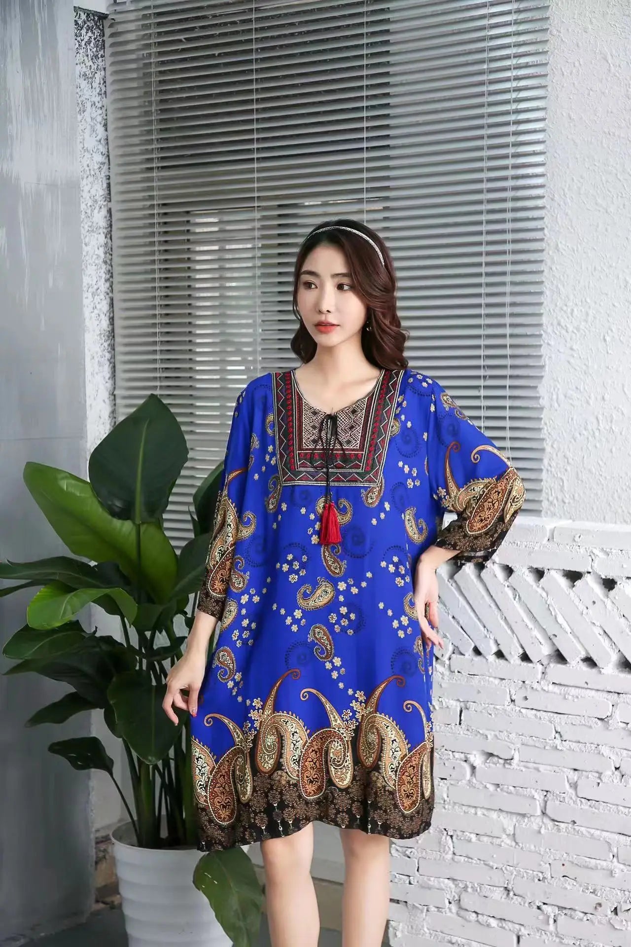 Women's Clothing Women Indian Dress Ready Stock Summer Vintage Causal Korean Style Beach Embroidery Tassel Floral Print Vestidos