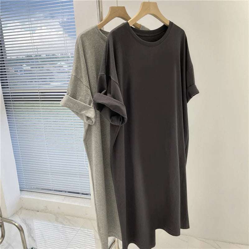 Women Clothing Solid Dress Short Sleeve Casual Loose Pullover Tunic Summer Comfortable Simple Straight Dresses