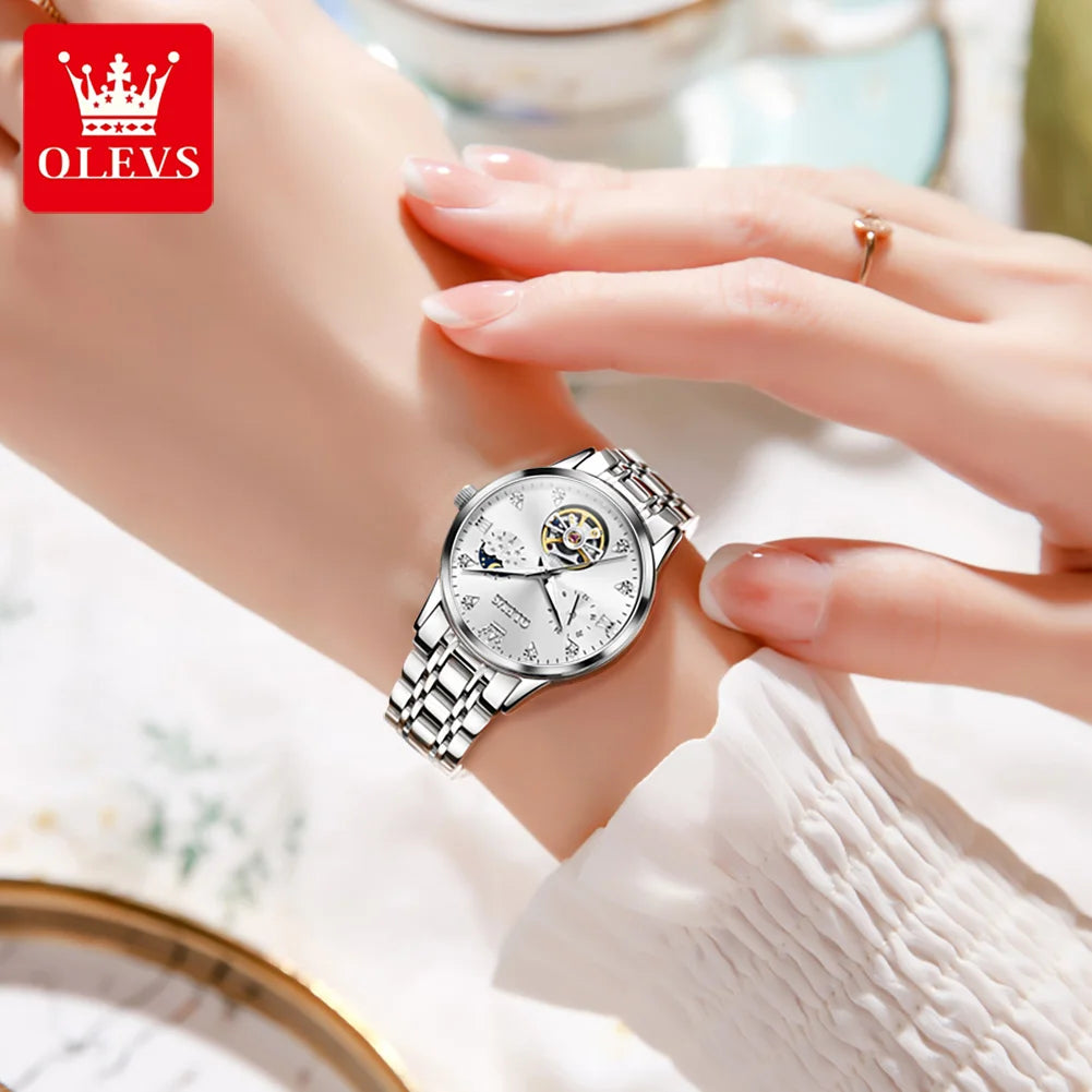 OLEVS 6608 Top Brand Women's Watches Elegant Fashion Hollow Out Automatic Mechanical Watch for Lady Waterproof Stainless Steel