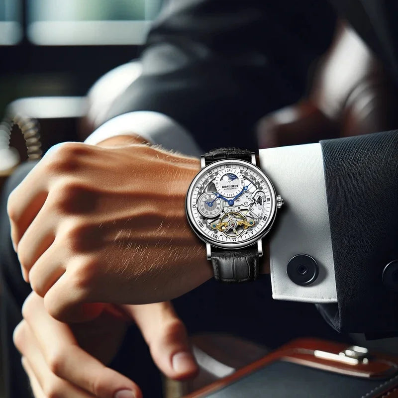 The new men's mechanical watch features a stylish, innovative, classic, and simple design, with a dual sided luminous moon phase