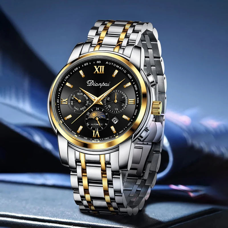 Men's elegant automatic mechanical watch with 24-hour date and week display, transparent back, 30 meter waterproof zinc alloy ca