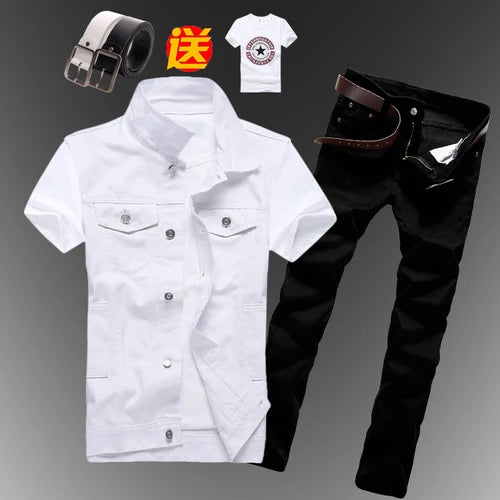 New Men Sets Mens Boys Casual Denim Vest Sleeveless Waistcoat Summer Jeans Pants Trousers Slim Fit 2pcs Set Men Clothing