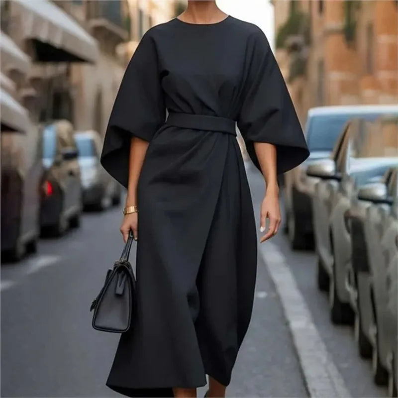 2025 Women's Clothing Fashion Black Dress Temperament Elegant Casual Waist-closing Maxi Bat Sleeve Dresses For Women Robe Femel