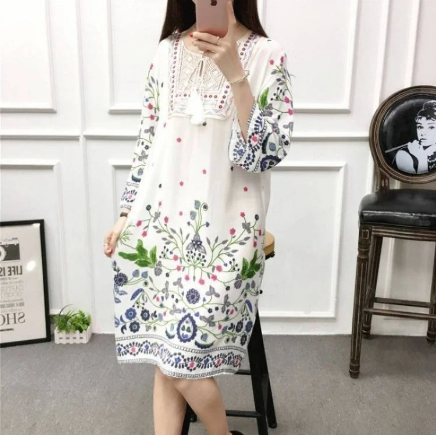 Women's Clothing Women Indian Dress Ready Stock Summer Vintage Causal Korean Style Beach Embroidery Tassel Floral Print Vestidos