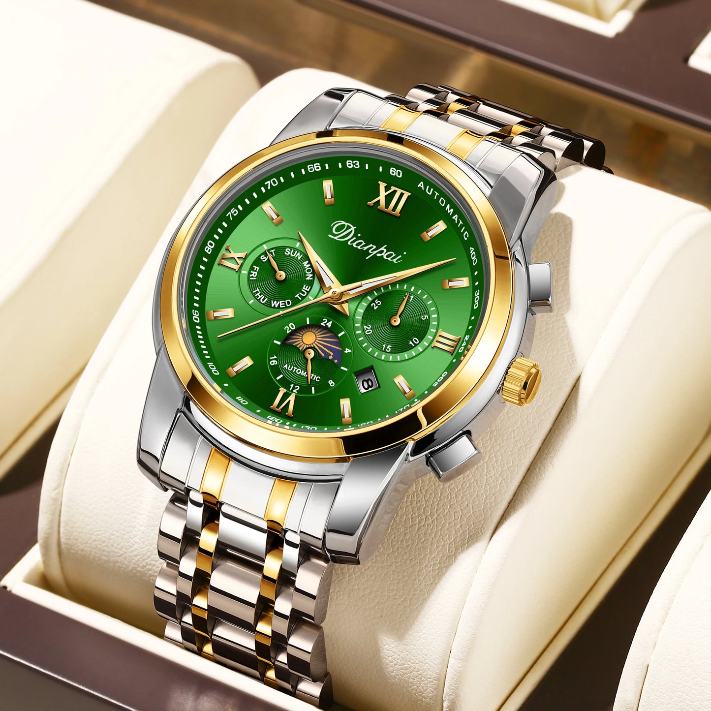 Men's elegant automatic mechanical watch with 24-hour date and week display, transparent back, 30 meter waterproof zinc alloy ca