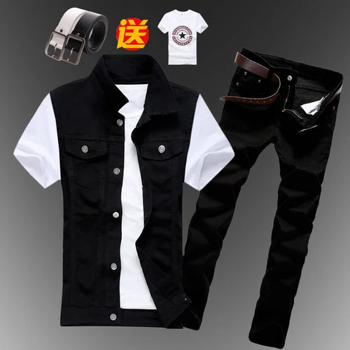 New Men Sets Mens Boys Casual Denim Vest Sleeveless Waistcoat Summer Jeans Pants Trousers Slim Fit 2pcs Set Men Clothing