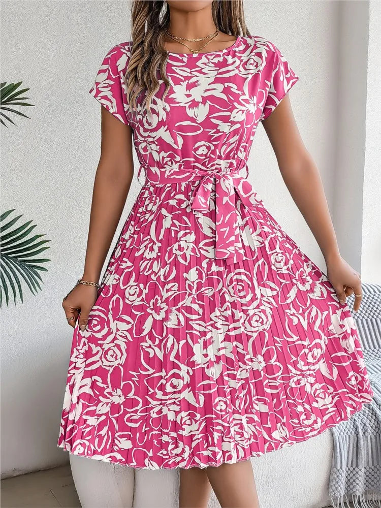 Women's Clothing 2025 Summer New Casual Short-sleeved Floral Strap Dress Pleated Skirt Fashion O Neck Casual Dresses Robe Femme