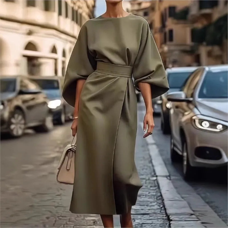 2025 Women's Clothing Fashion Black Dress Temperament Elegant Casual Waist-closing Maxi Bat Sleeve Dresses For Women Robe Femel