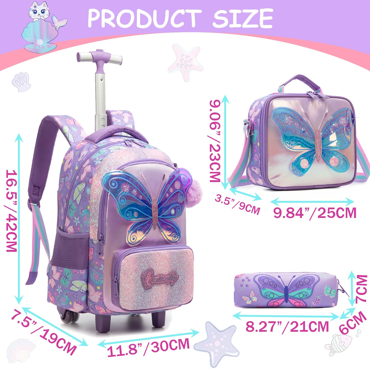 Girls Cute Rolling Backpack with Wheels 3pcs Set Roller Backpacks for Girls with Lunch Bag Wheeled Bookbag
