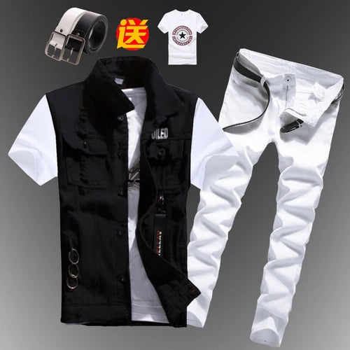 New Men Sets Mens Boys Casual Denim Vest Sleeveless Waistcoat Summer Jeans Pants Trousers Slim Fit 2pcs Set Men Clothing