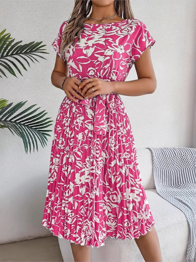 Women's Clothing 2025 Summer New Casual Short-sleeved Floral Strap Dress Pleated Skirt Fashion O Neck Casual Dresses Robe Femme