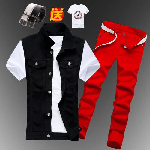 New Men Sets Mens Boys Casual Denim Vest Sleeveless Waistcoat Summer Jeans Pants Trousers Slim Fit 2pcs Set Men Clothing