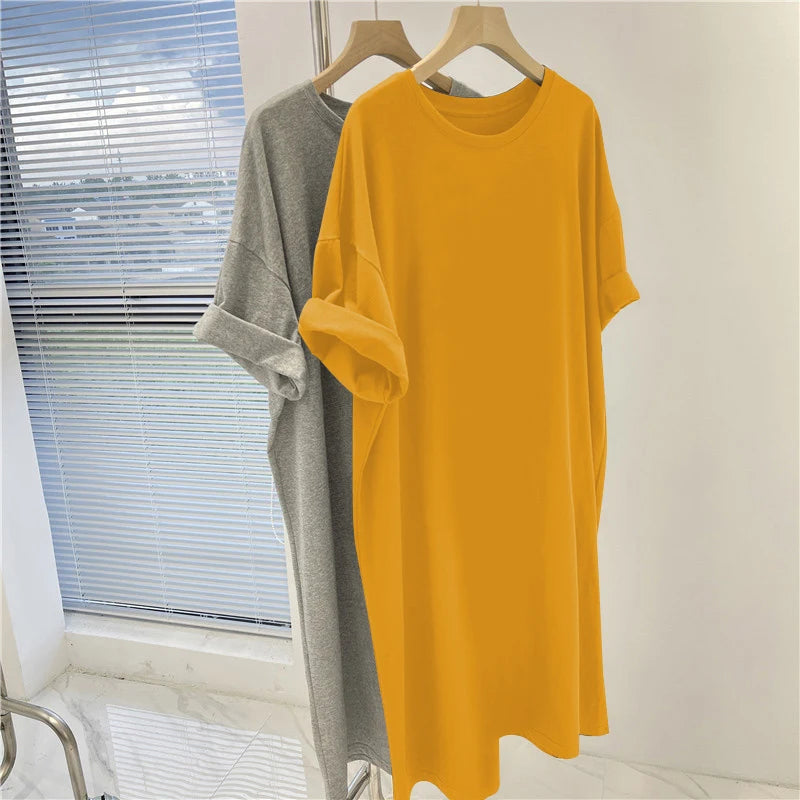 Women Clothing Solid Dress Short Sleeve Casual Loose Pullover Tunic Summer Comfortable Simple Straight Dresses